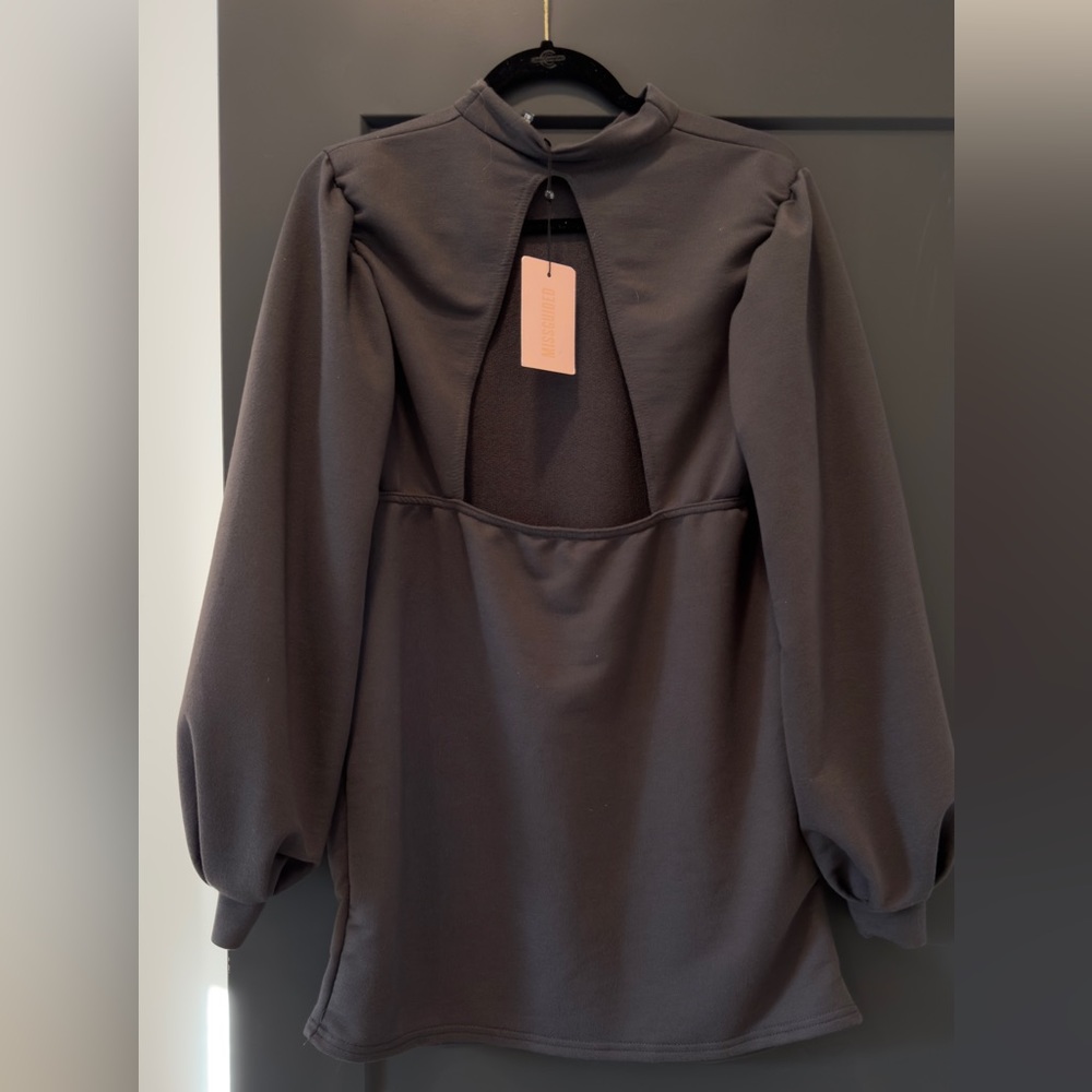 Dark Grey Balloon Sleeve T-Shirt Dress with open back